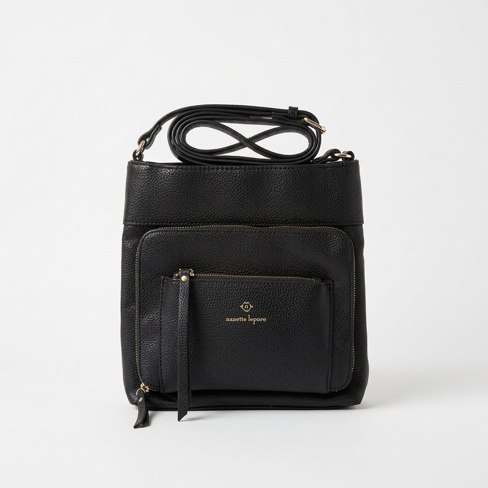 NANETTE LEPORE Black Pebble Vegan Leather Crossbody Bag Multi-Pocket Chic Travel